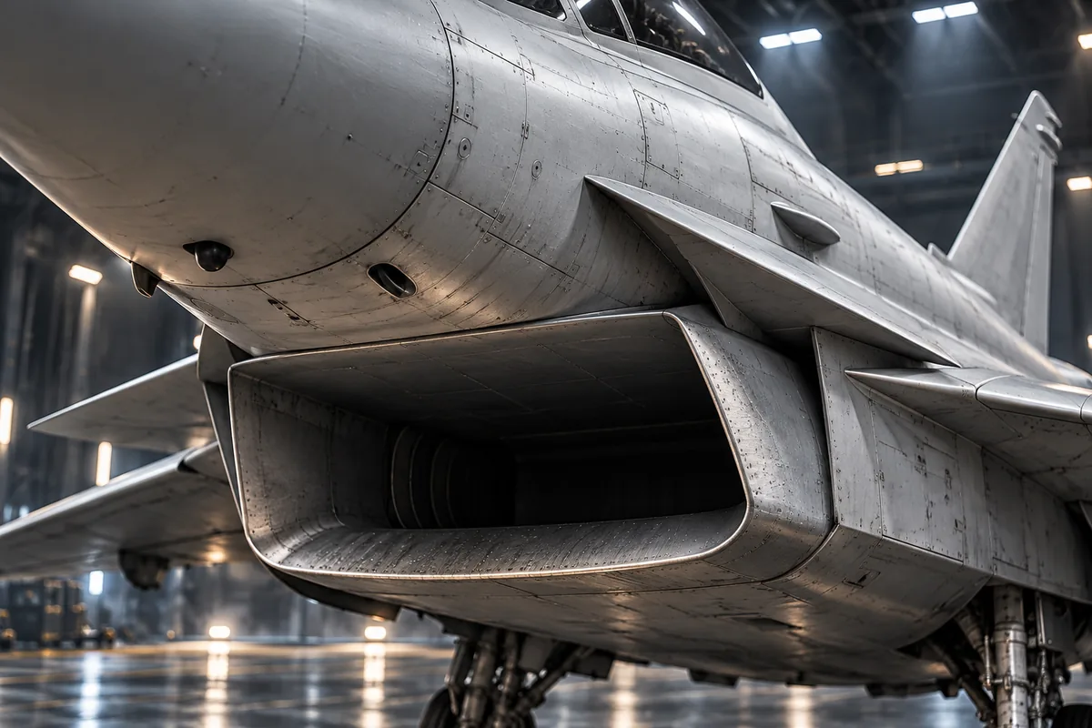 Close-up of an air intake and worn fuselage panels