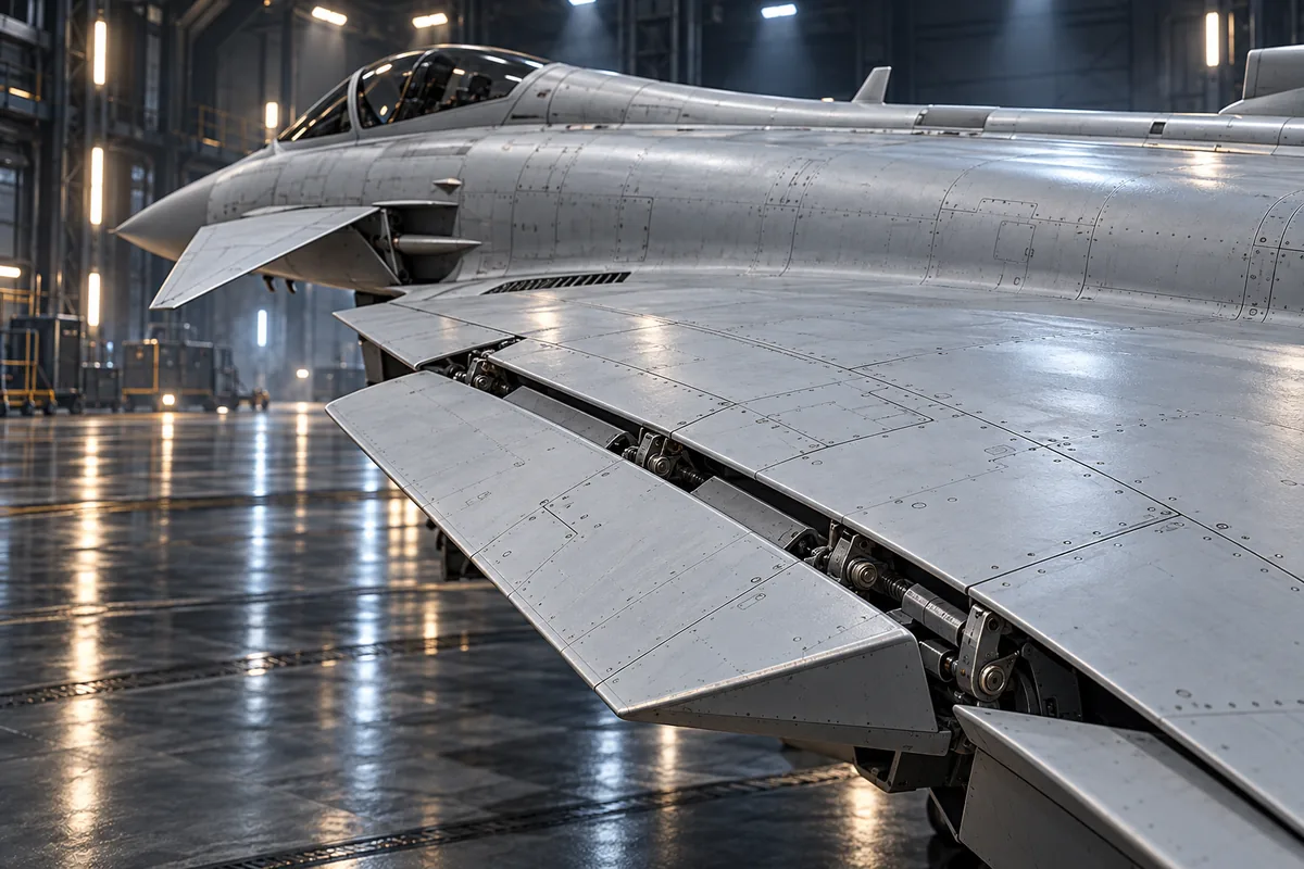 Close-up of a delta wing's control surfaces