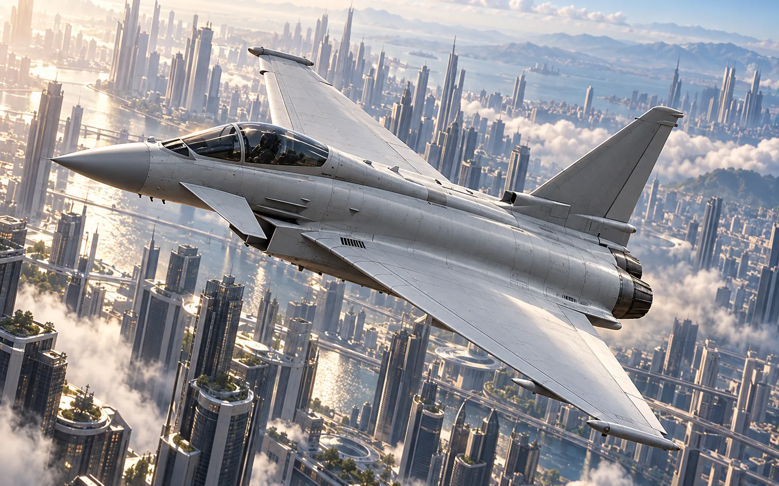 The Typhoon II banking over a dense city