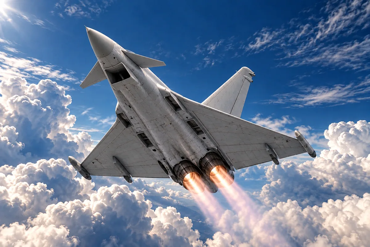 The Typhoon II climbing above white clouds