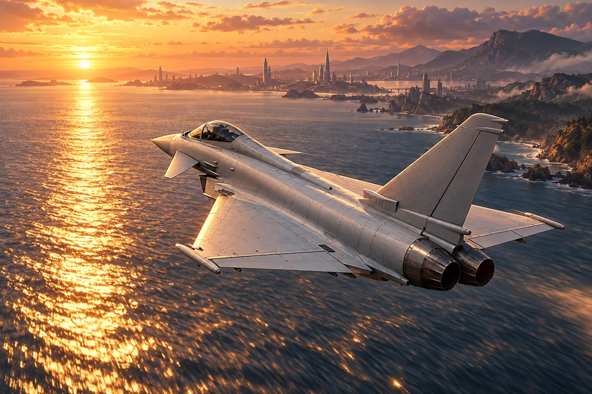 The Typhoon II over the sea at sunset