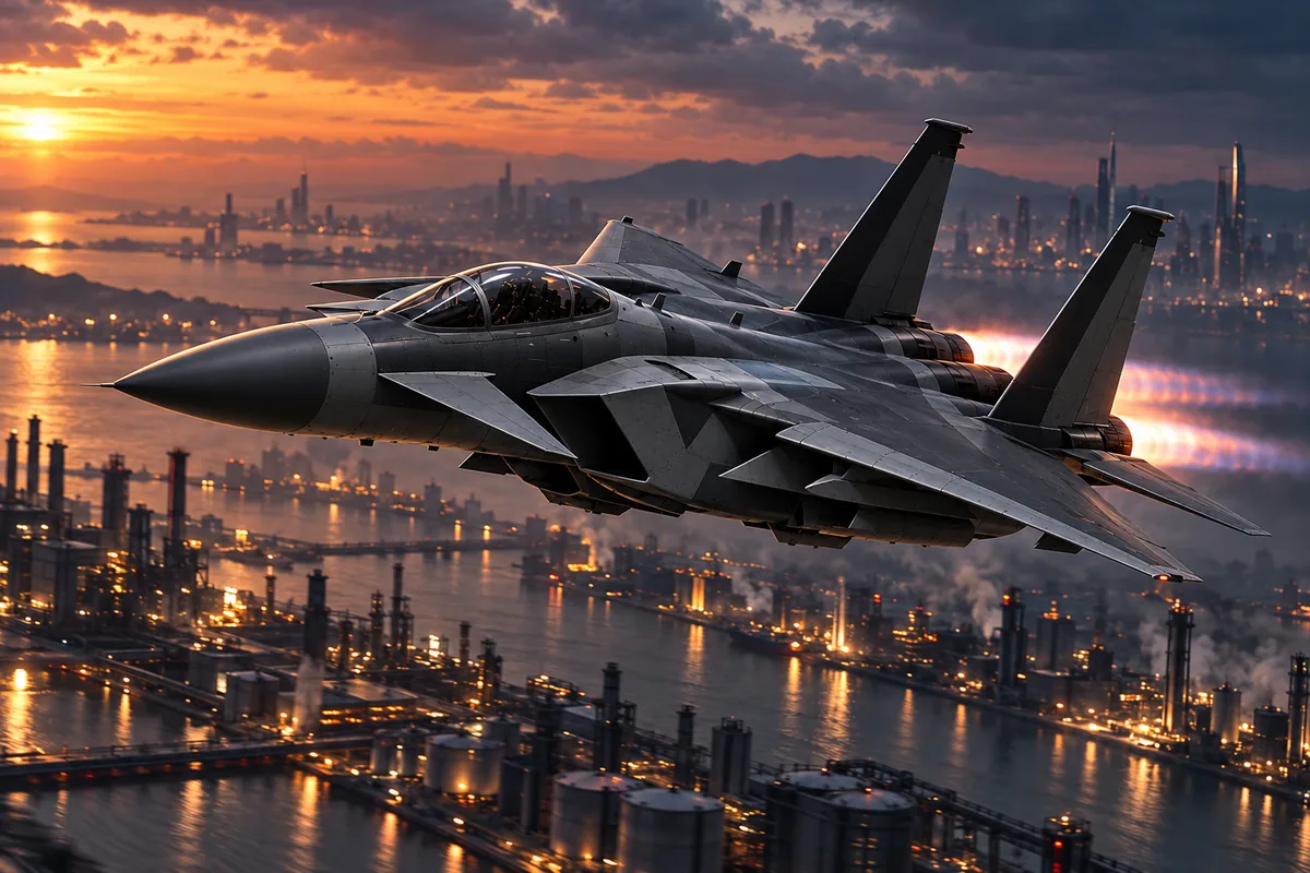 The F-15S/MT Eagle+ flying over an industrial city at dusk