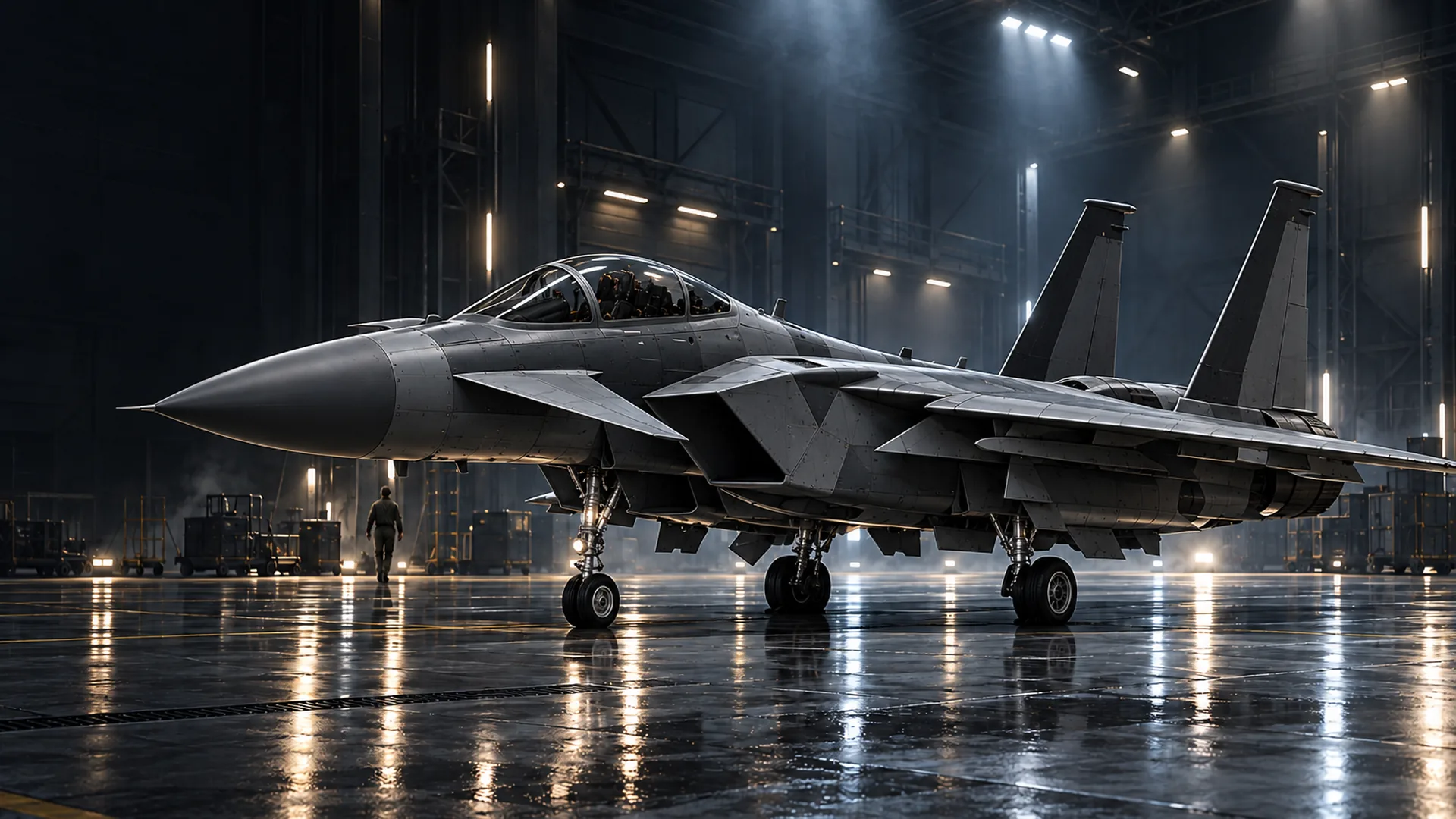 The F-15S/MT Eagle+ parked in a dark hangar