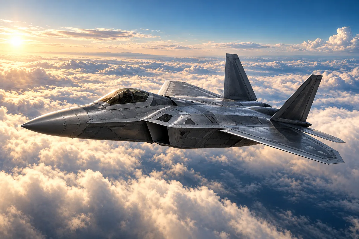 The F-22C Raptor II flying above the clouds