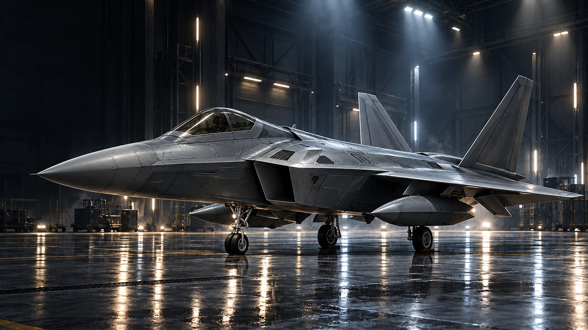 The F-22C Raptor II parked in a dark hangar