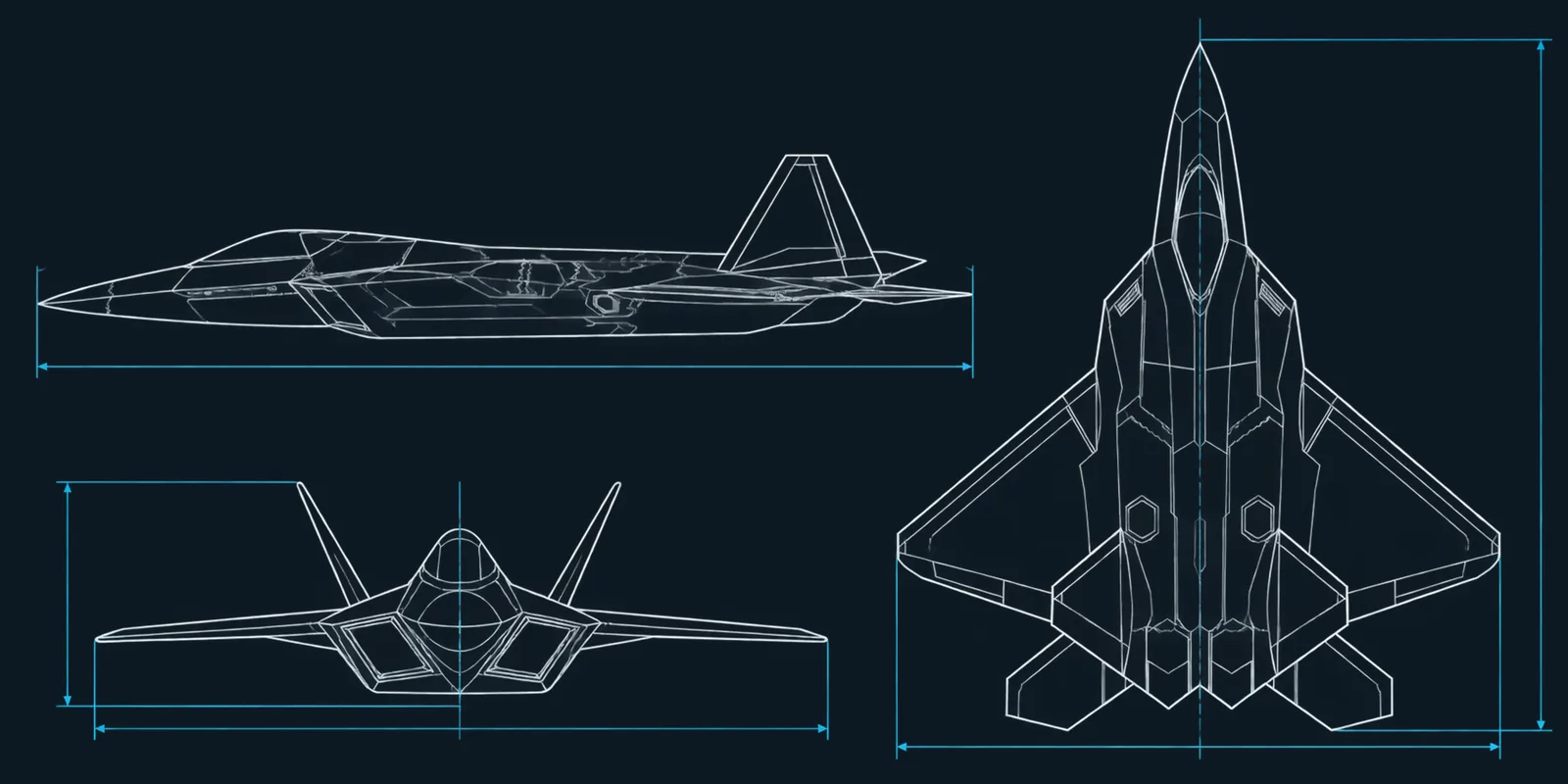 Technical three-view line drawing of the F-22C Raptor II