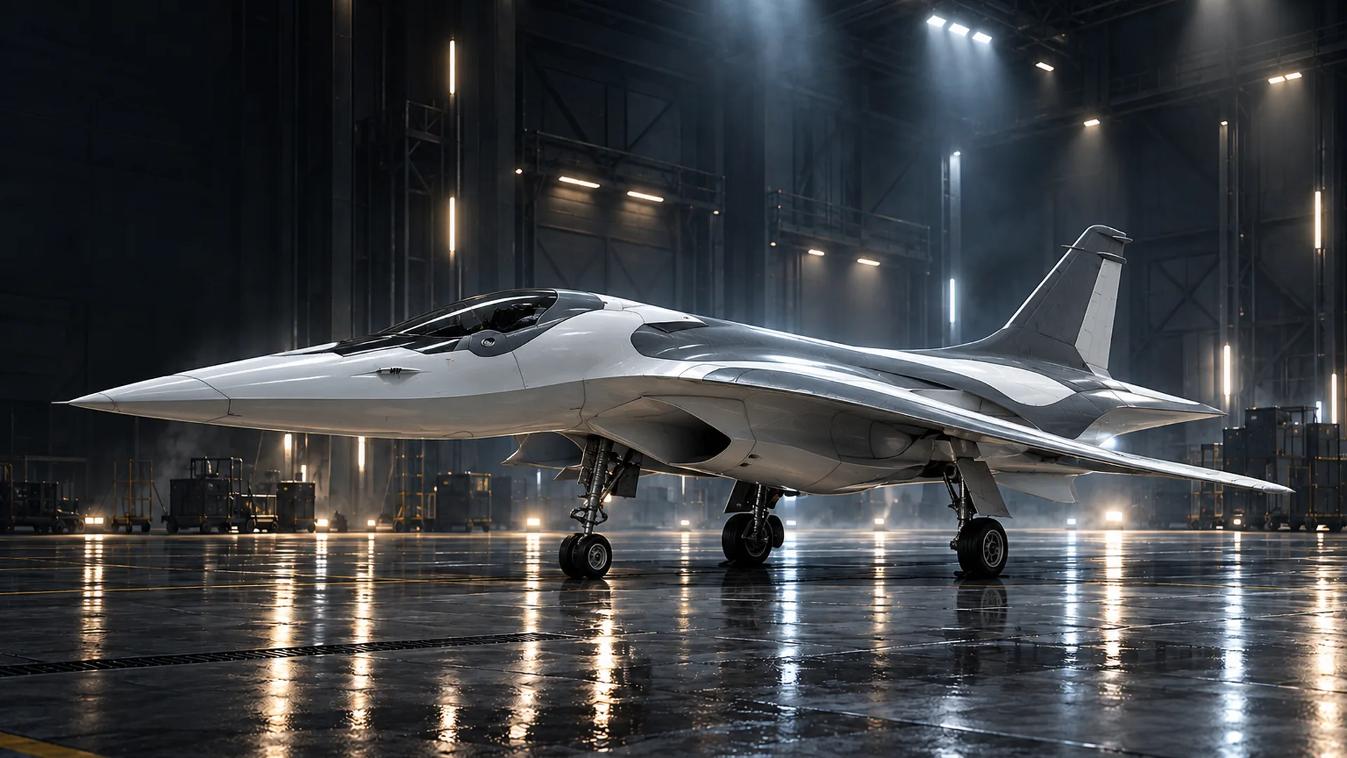 The R-101 Delphinus #1 parked in a dark hangar