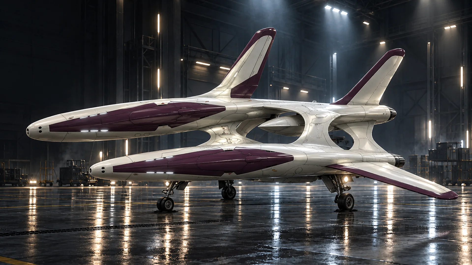 The R-201 Asterozoa parked in a dark hangar