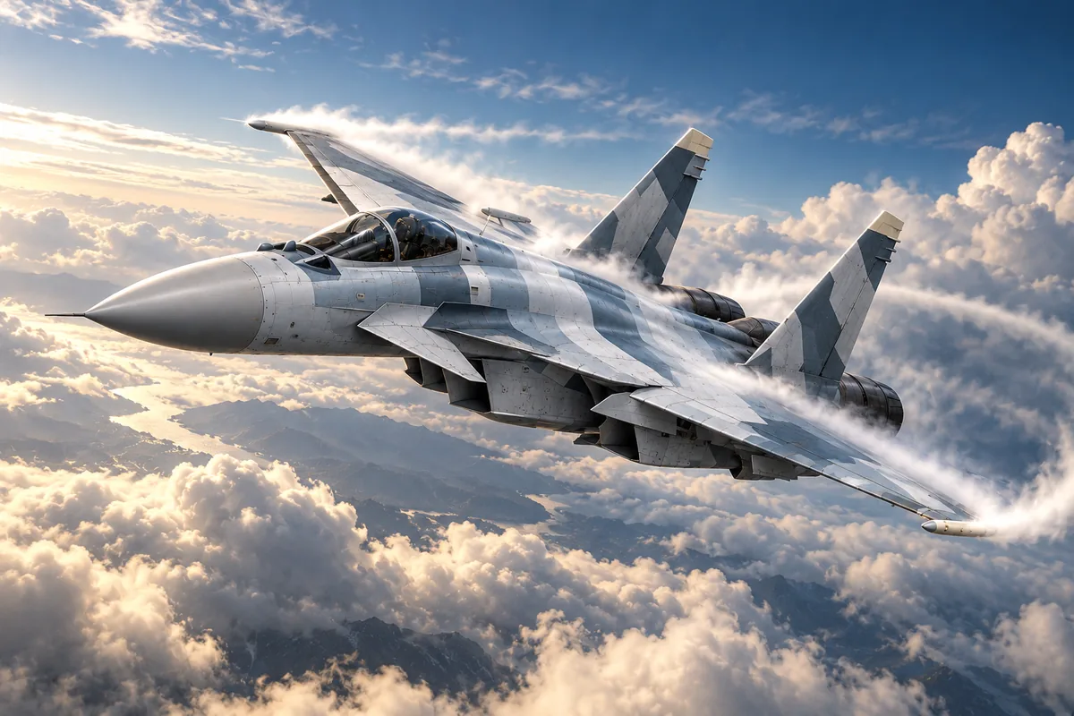 The Su-37 Super Flanker-R in flight above the clouds