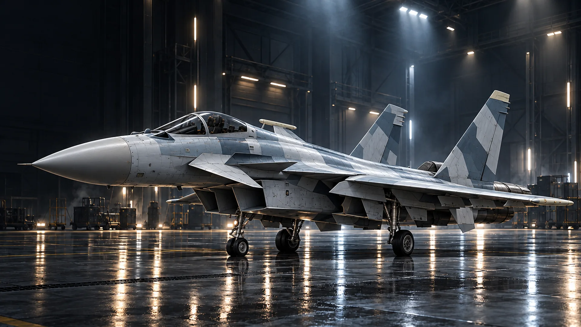The Su-37 Super Flanker-R parked in a dark hangar