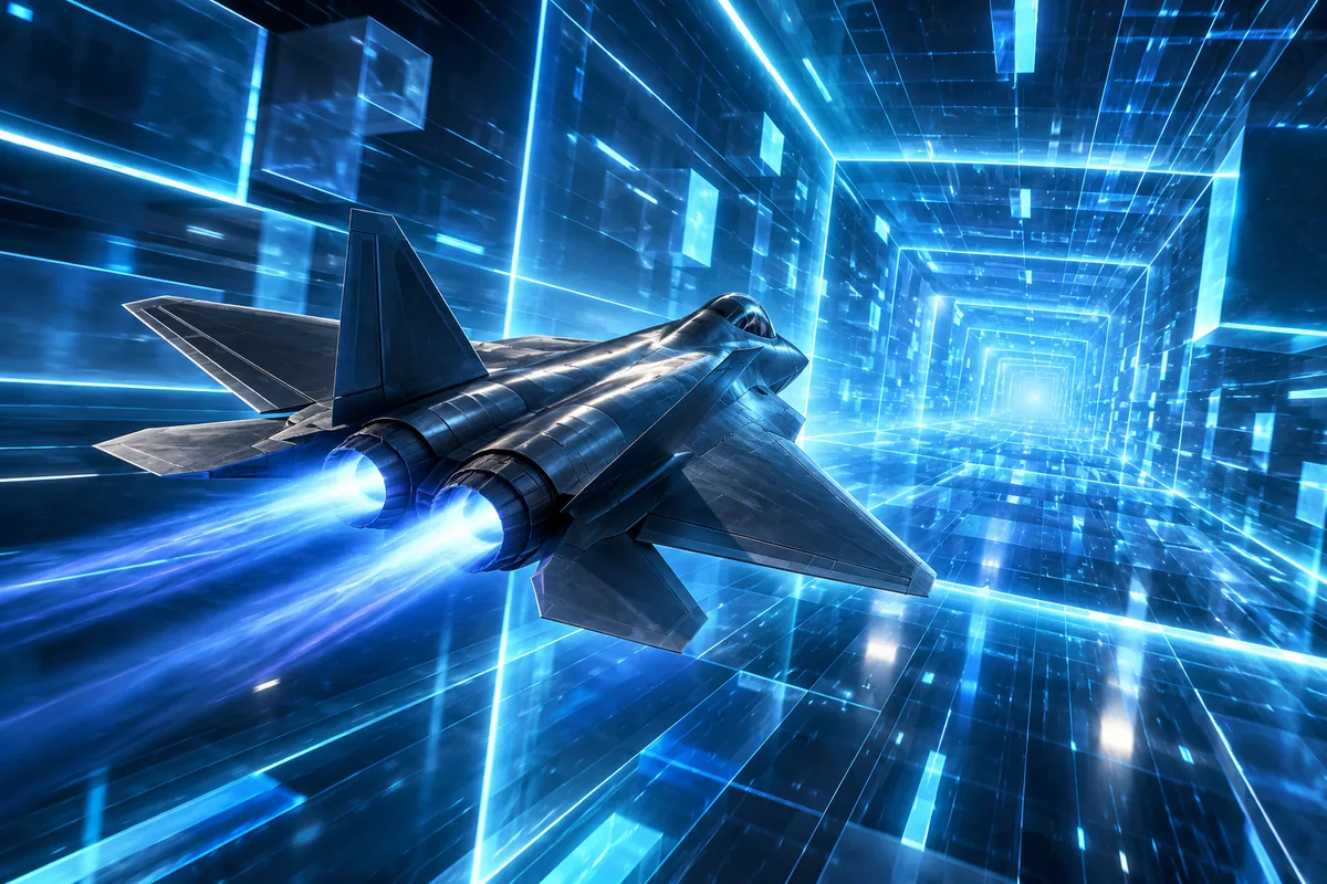 A fighter inside an abstract cyberspace of glowing geometry