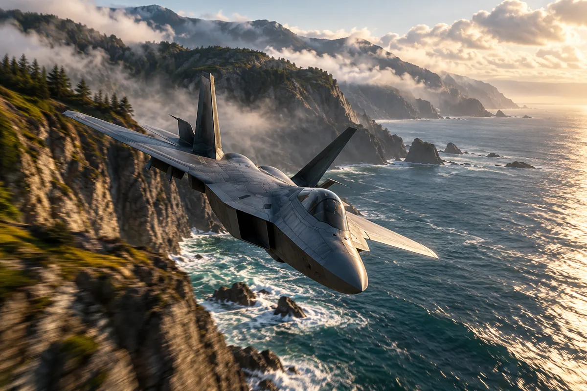 A fighter flying low along a rugged bay coastline