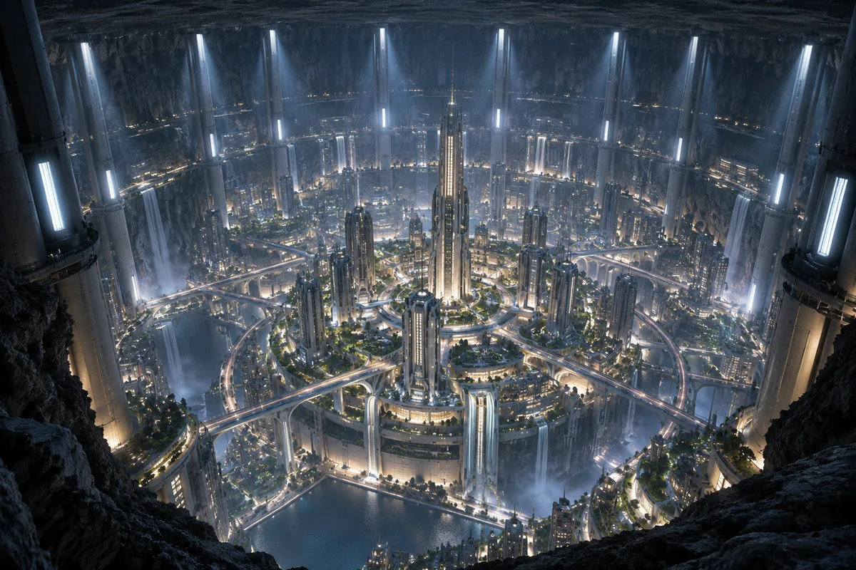 An underground city inside a huge cylindrical cavern