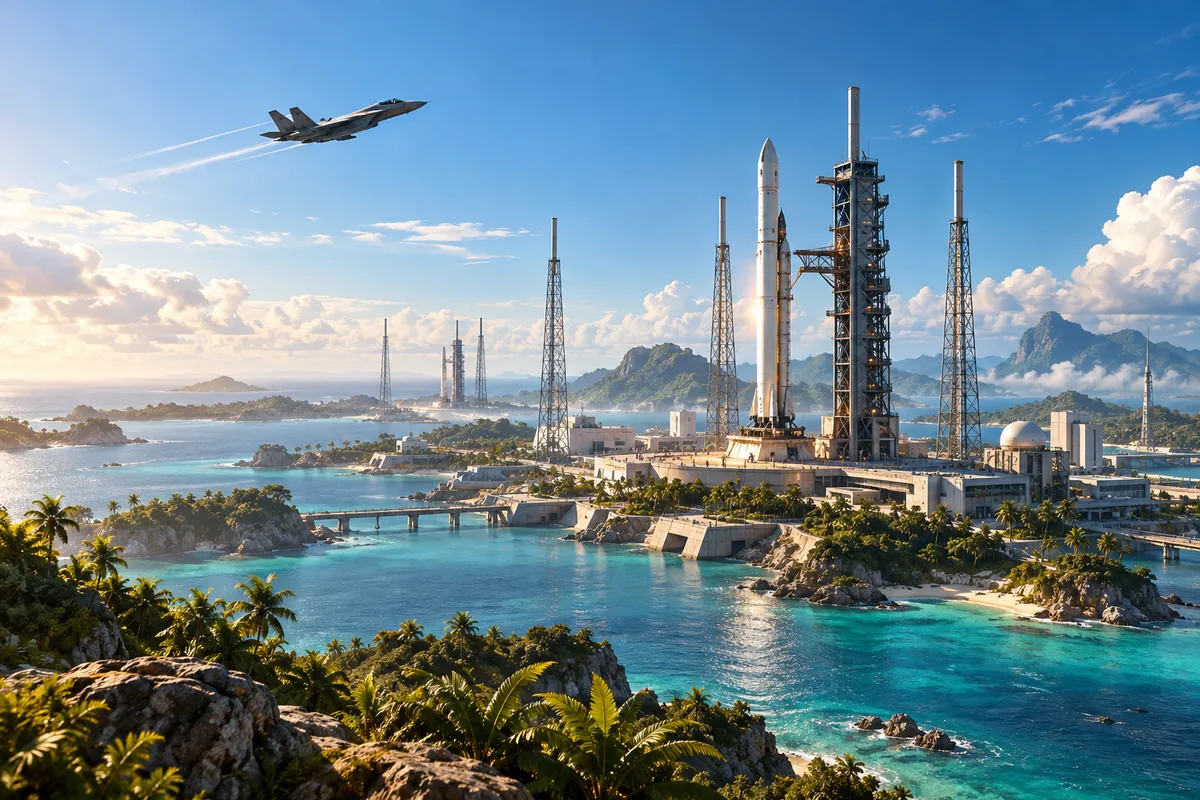 A space centre on tropical islands with launch towers