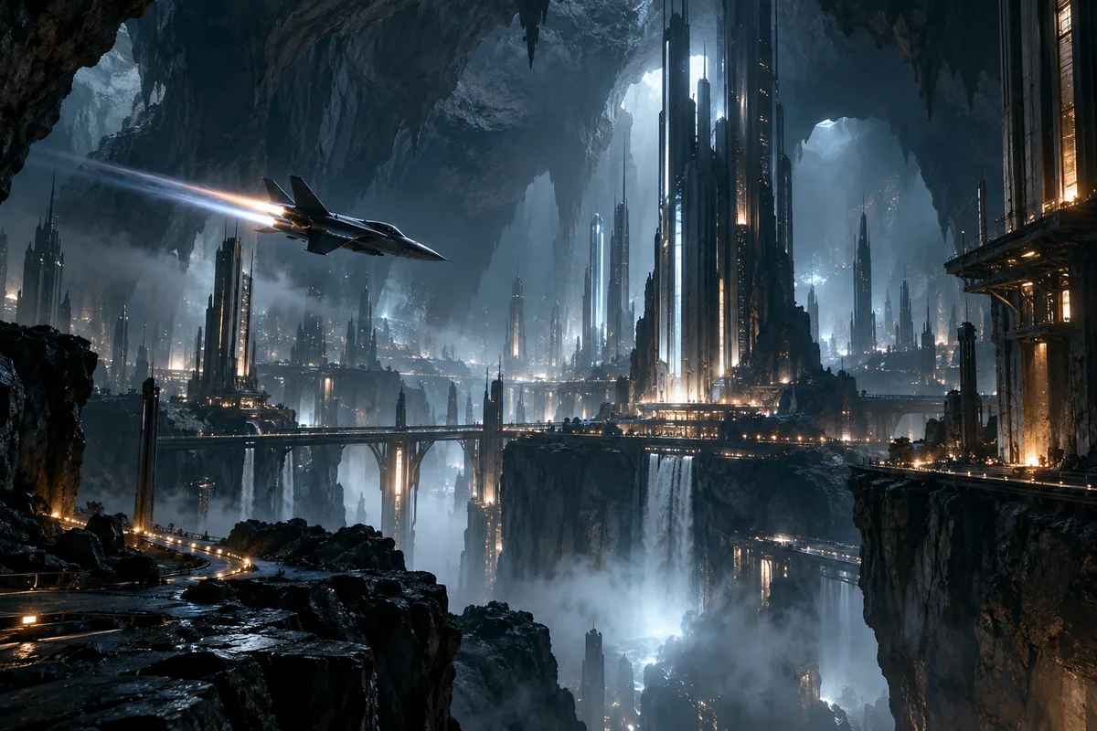 A dark underground cavern city with tall spires