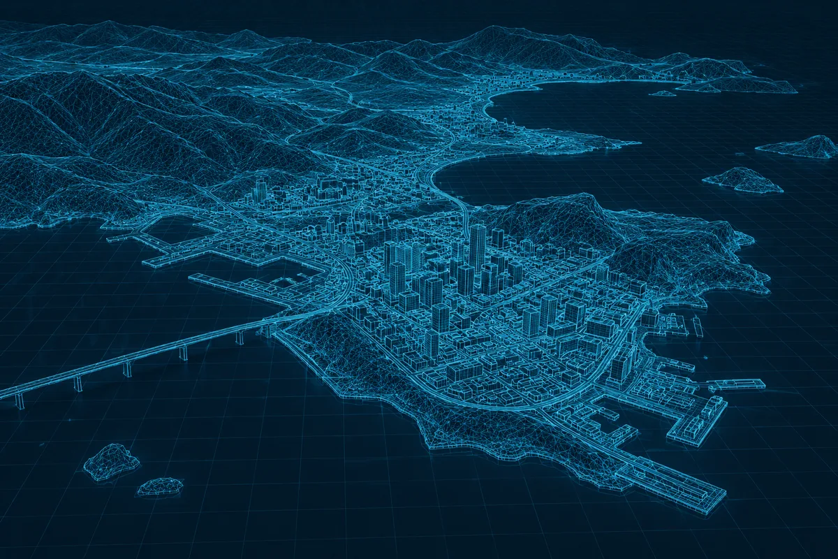 Wireframe terrain study of a coastal city