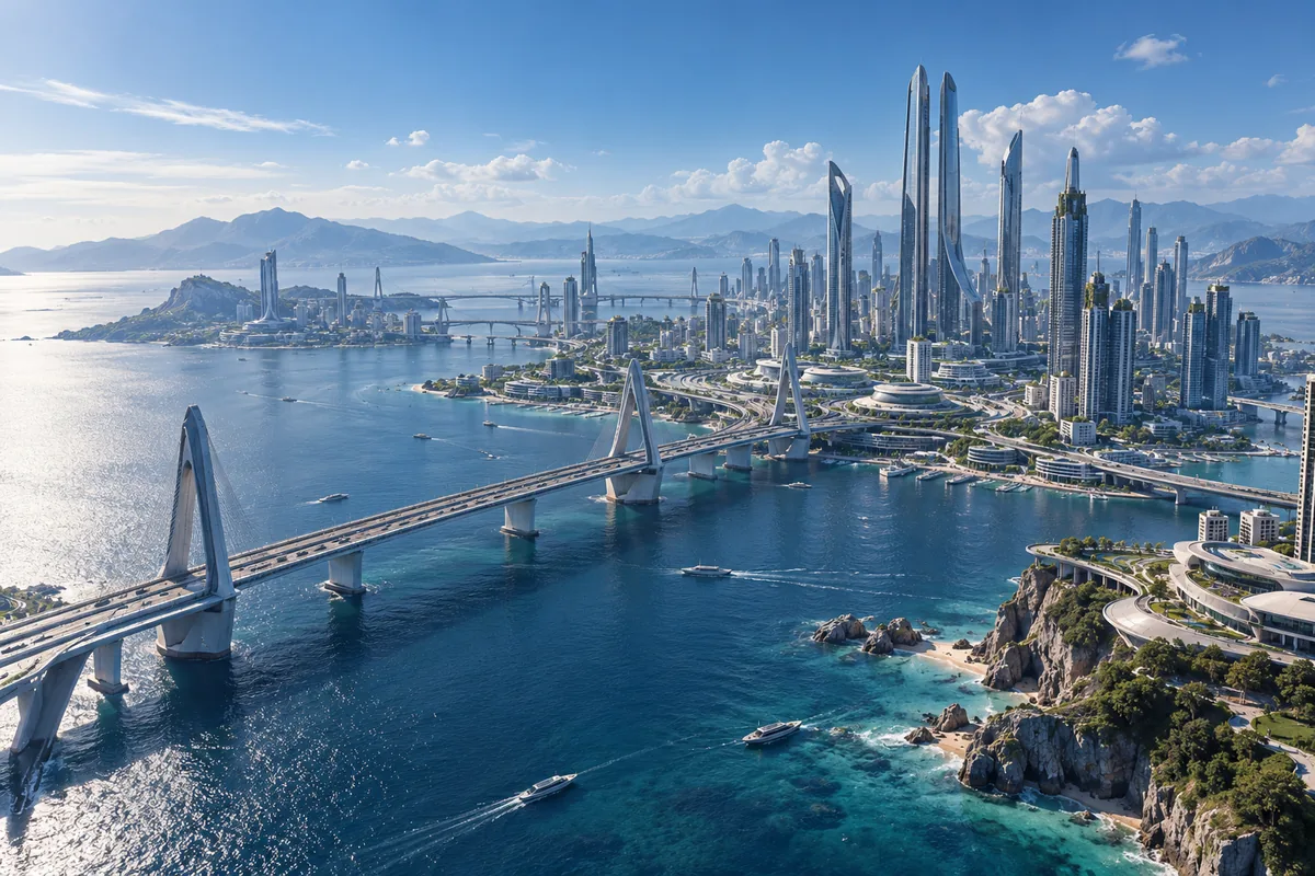 Expo City's towers and bridges by the sea