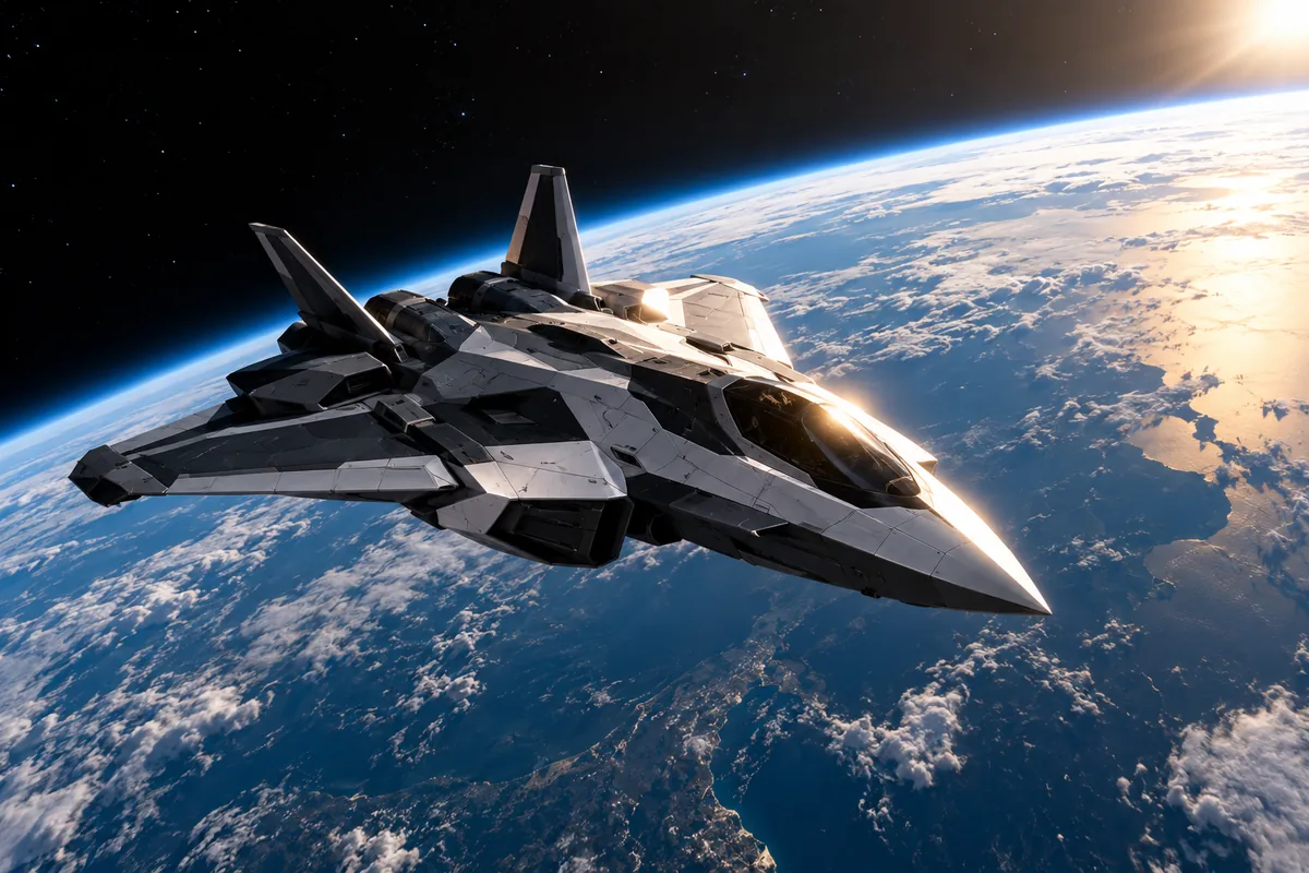 A fighter-shaped spacecraft in orbit above the Earth