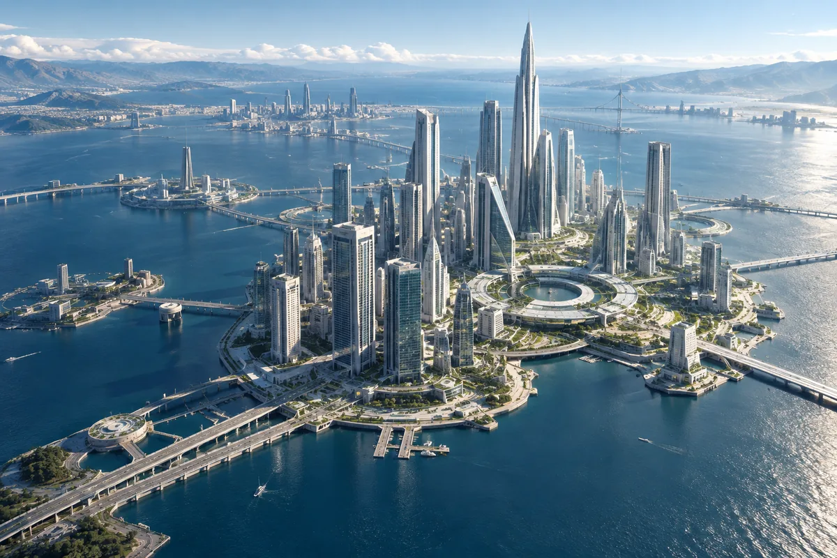 A corporate megacity of white and glass towers on an island bay