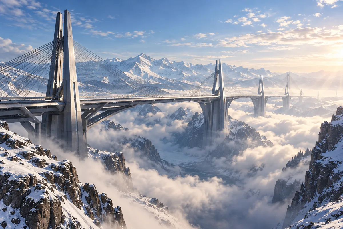 A vast futuristic bridge crossing a mountain valley above the clouds