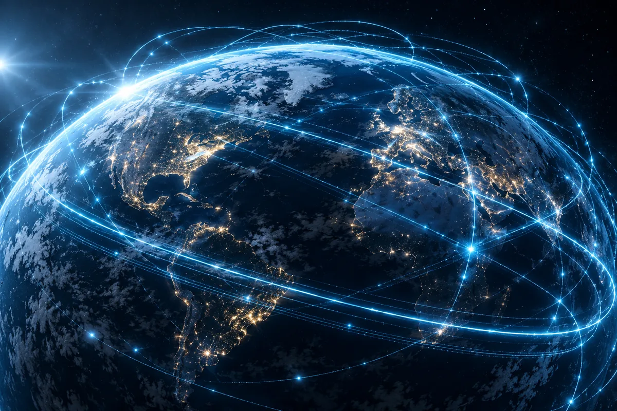 The Earth from orbit wrapped in luminous data rings
