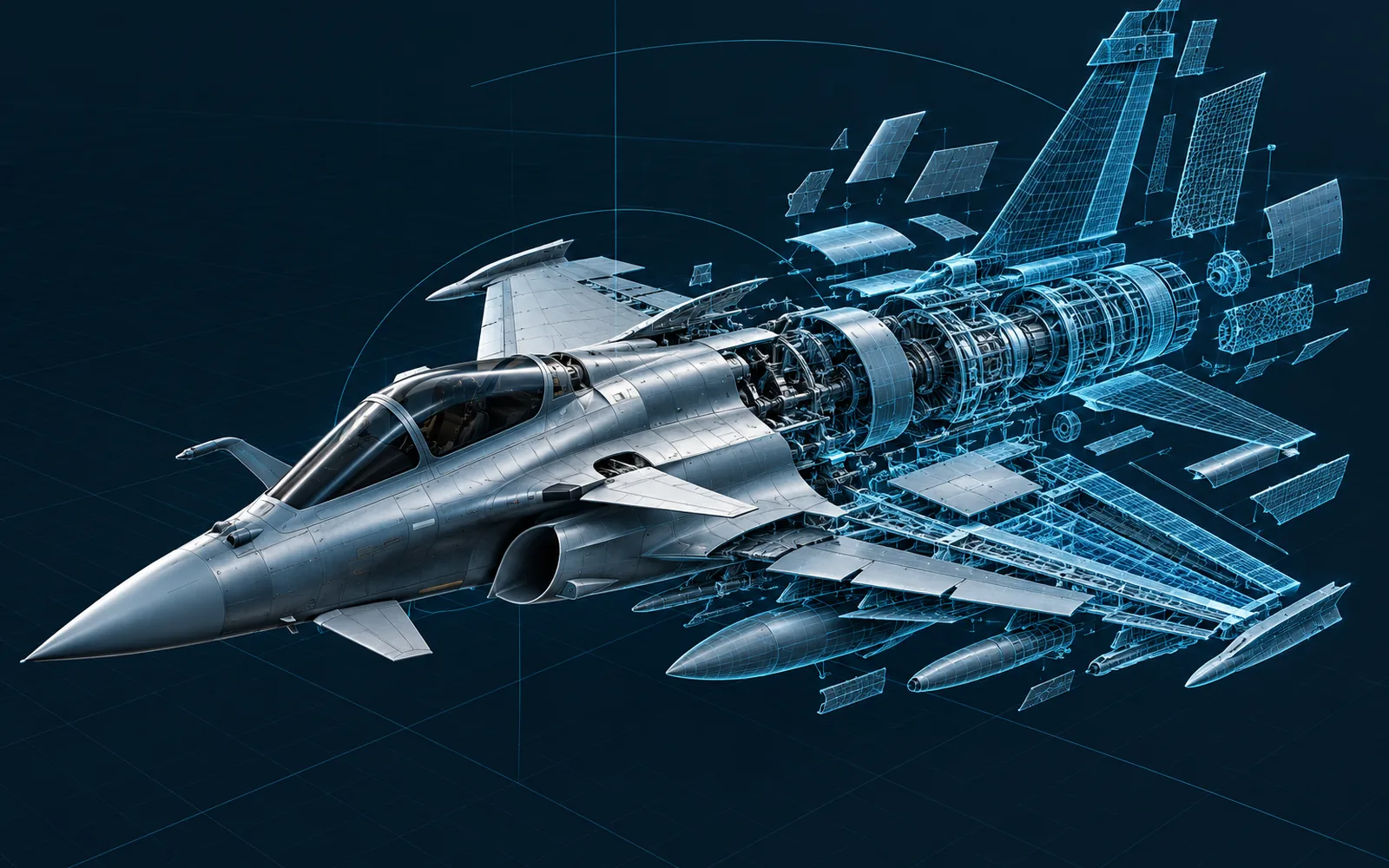 An exploded technical view of a fighter jet, half rendered and half wireframe