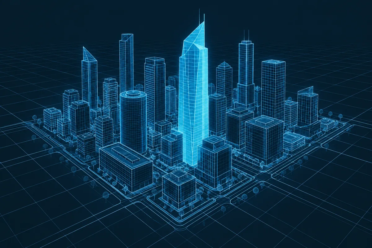 A wireframe city block on a perspective grid