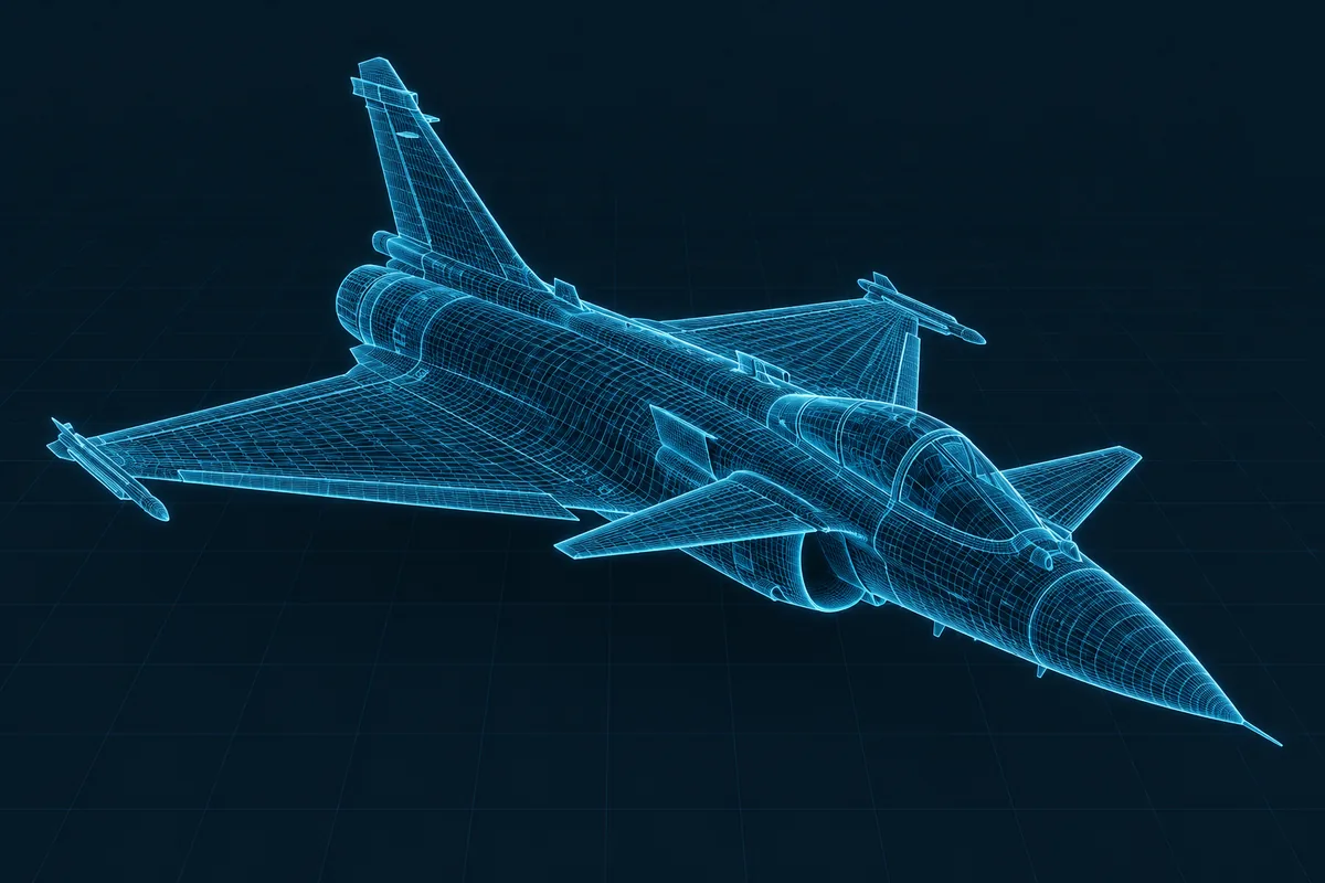 A fighter jet drawn as a glowing cyan wireframe