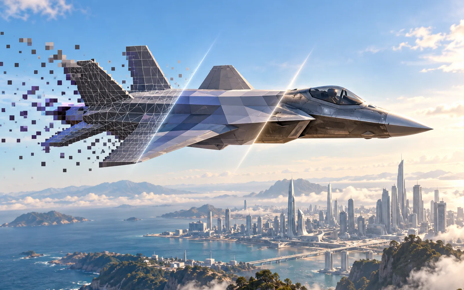 A fighter jet shown transforming from low-polygon PlayStation graphics into a modern remastered render