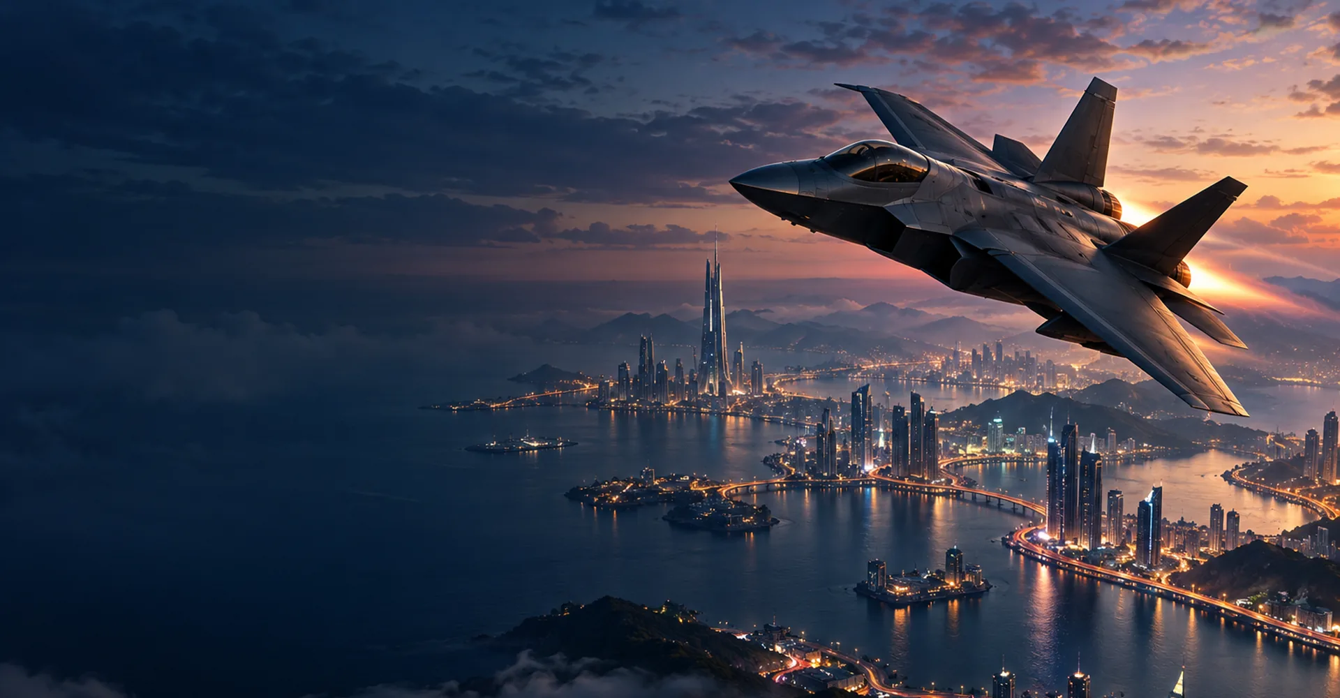 A fighter jet over a coastal megacity at blue hour
