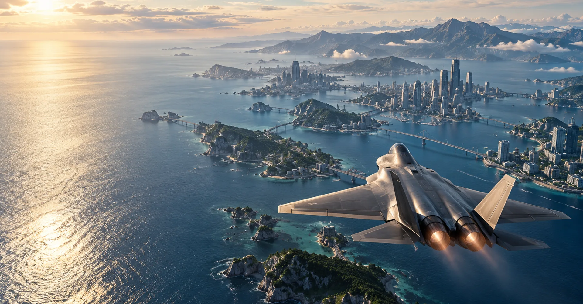 A fighter jet flying over a coastal archipelago city