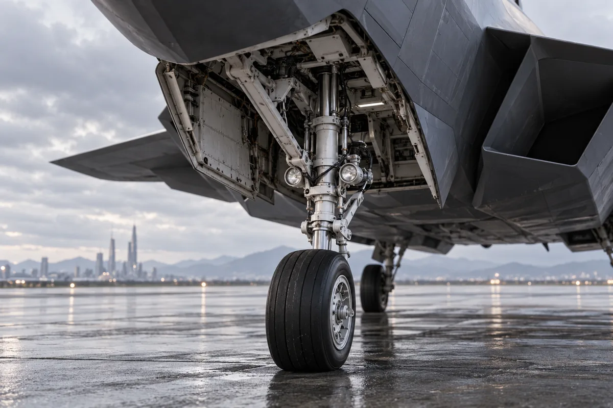 Nose gear and wheel well under soft overcast light