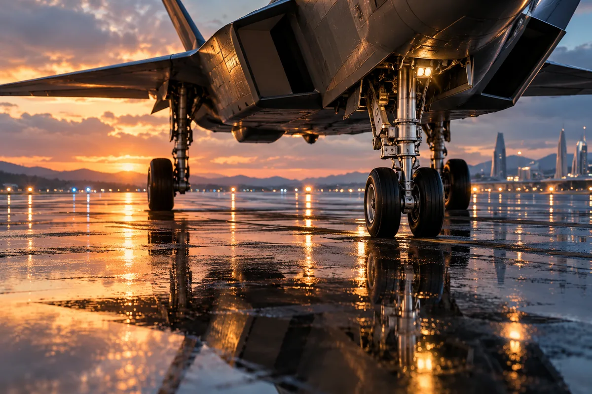 Landing gear reflected in a rain-wet tarmac