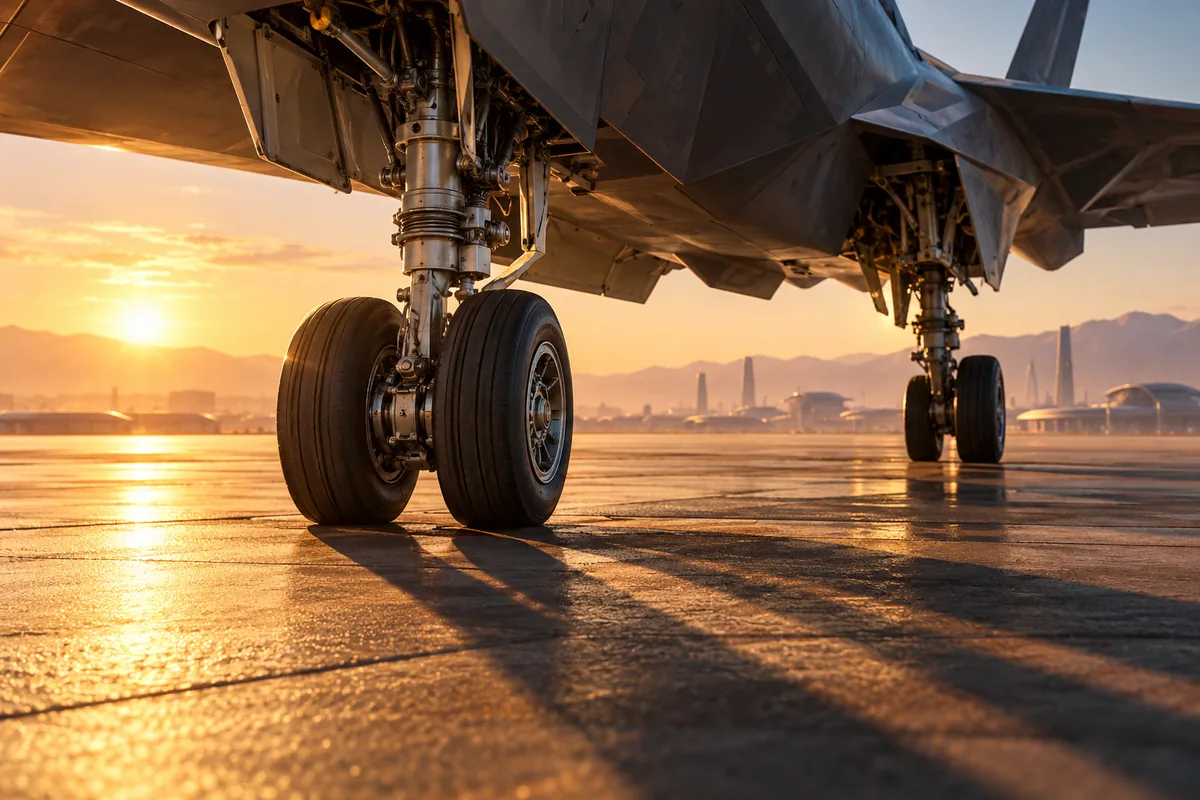 Landing gear casting long shadows on a sunlit tarmac