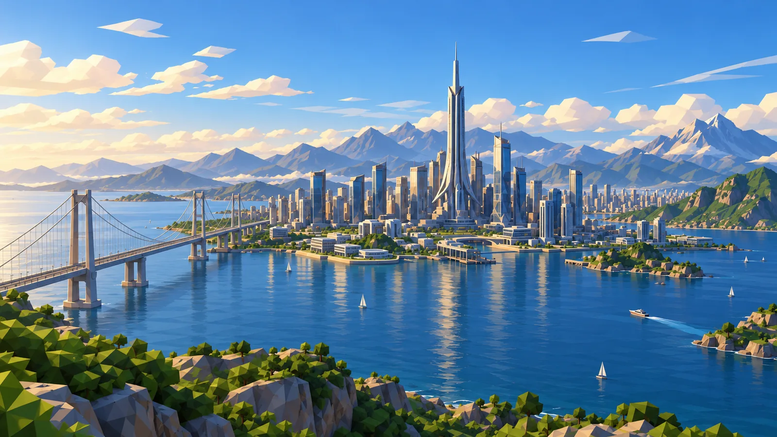 The same coastal city rendered in the Clean style