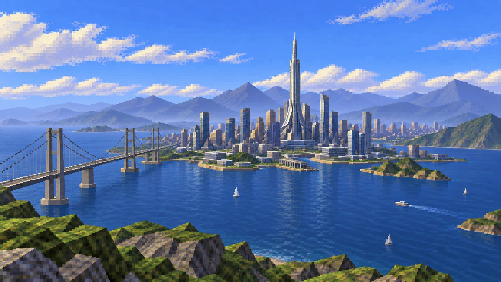 A coastal city with a central tower, rendered in the original PlayStation style