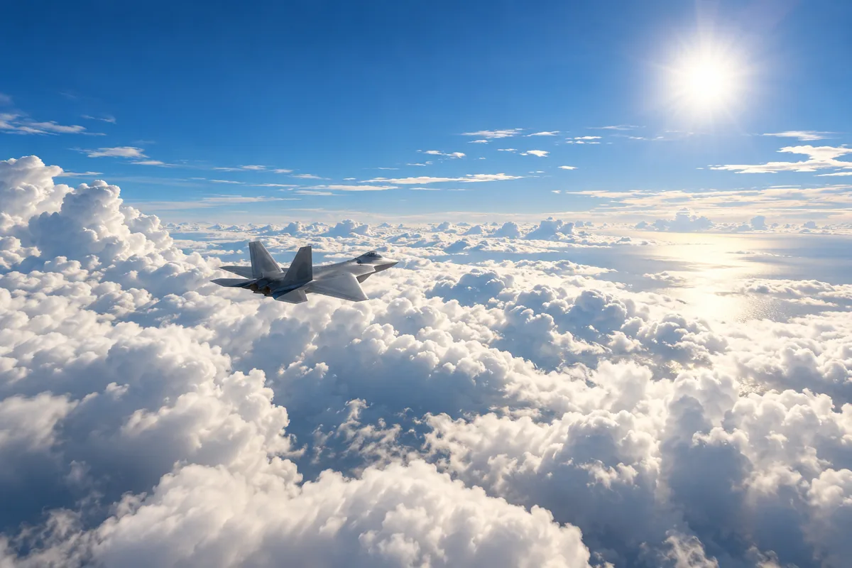 A fighter jet skimming above a vast layer of clouds