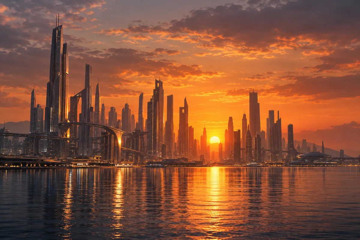 A futuristic metropolis at dusk with the sun low between towers