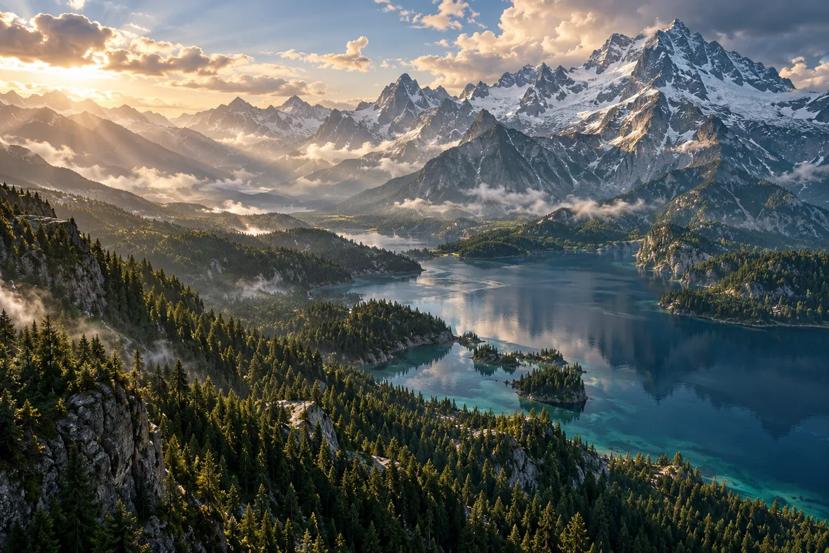 A pine forest valley with a lake beneath dramatic mountains