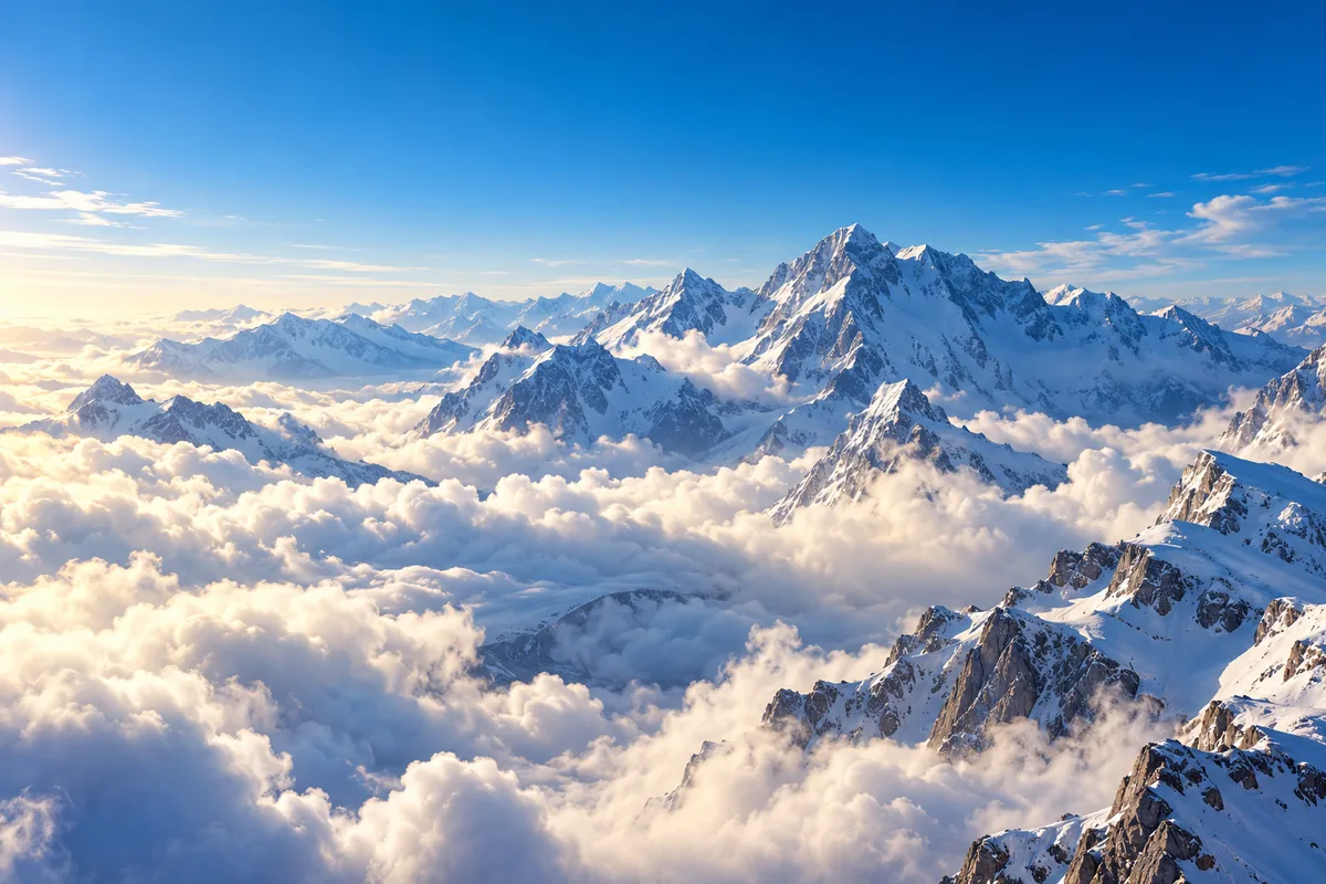 Snow-capped mountains rising above a sea of clouds