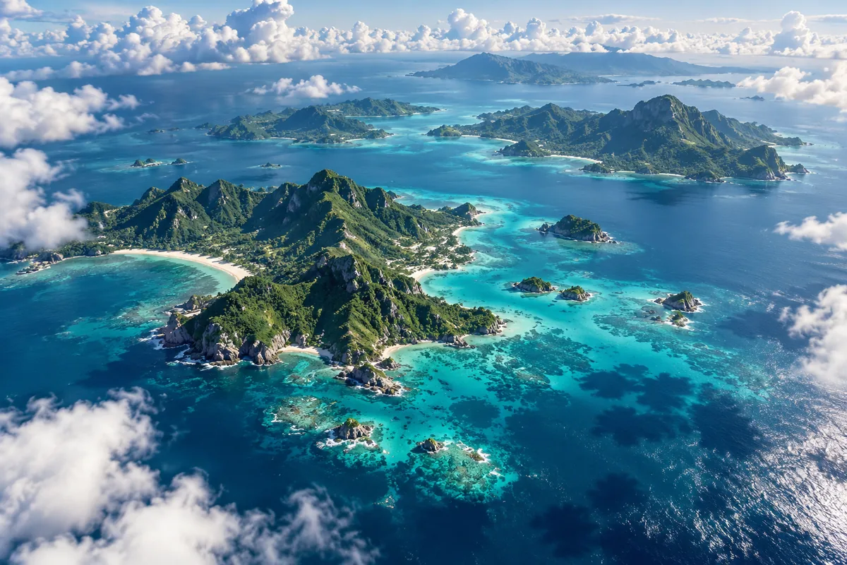 Tropical islands in a turquoise sea seen from high altitude
